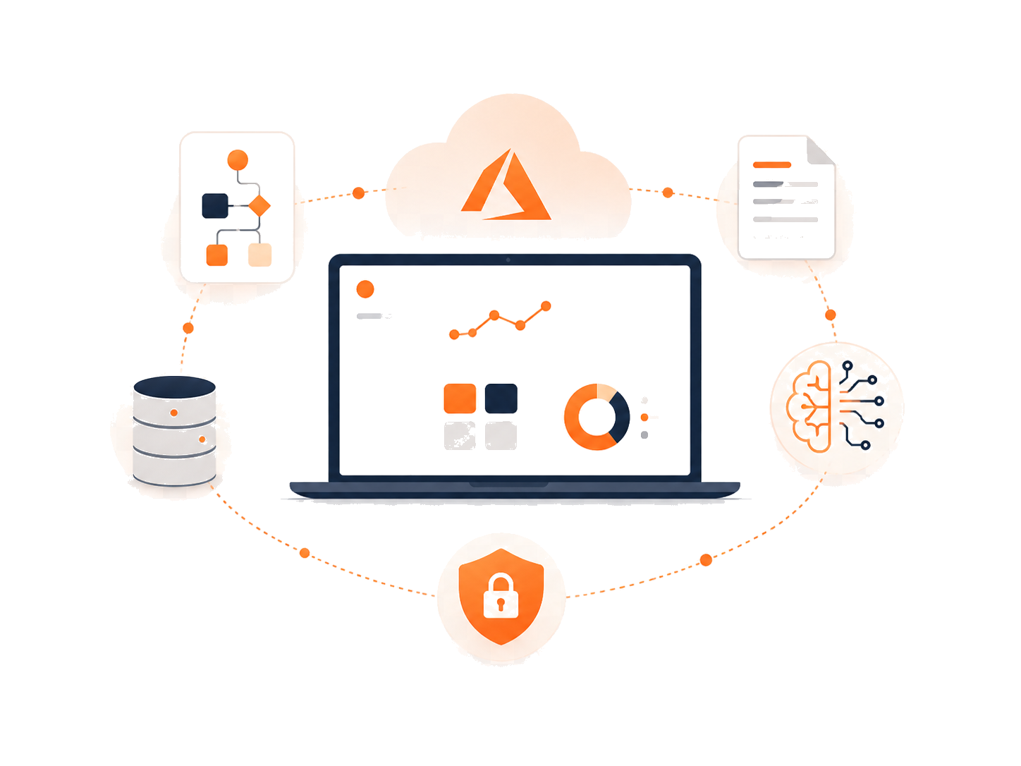 Azure cloud workflow illustration with data, security, analytics, and AI integration